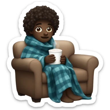Make a boy that’s dark skin with curly hair in a blanket drinking hot cocoa  sticker