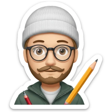 A creative young man with a pencil, glasses and a beanie. He holds a pen in his hand. He has a slight moustache and bit of a beard sticker