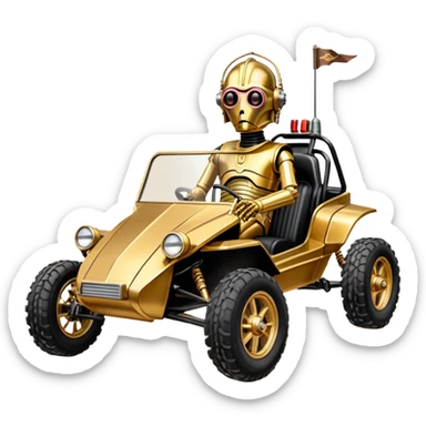 Old American West tarnished neon underglow C-3PO bounty hunter 1964 delicately ornate rosegold accents painted dune buggy buckboard powered by electric motors and batteries with safety and belts flying rapidly roughening terrain stable on strong agile advanced suspension and steering sticker