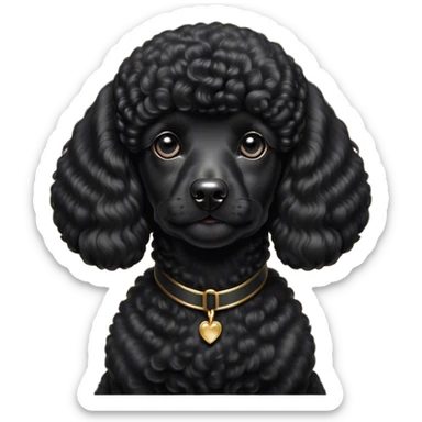 Cinematic Noble Black Poodle Portrait Emoji, Poised and regal, with a refined, elegant build and a meticulously groomed, curly jet-black Fur, deep-set soulful dark eyes, Simplified yet sharp and sophisticated features, highly detailed, glowing with a soft, dignified glow, high shine, intelligent and graceful, stylized with an air of sophistication, focused and attentive, soft glowing outline, capturing the essence of a watchful and confident companion, so majestic it feels as though it could prance out of the screen with effortless authority! sticker