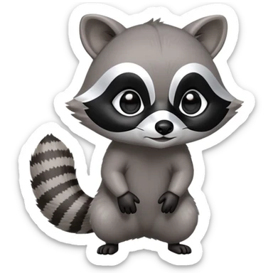 Cinematic-cute Raccoon-Realistic-hunched Full-Body on all fours-Emoji – Tail flicking lazily, head tilted dramatically, thick grey fur with a signature black mask, sharp and alert ears, simplified yet realistic focused features, highly detailed, glowing with an almost sarcastic glow. big black eyes sticker