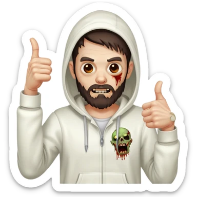 zombie with thumbs up gesture wearing white hoodie, with dark brown hair and short full beard sticker