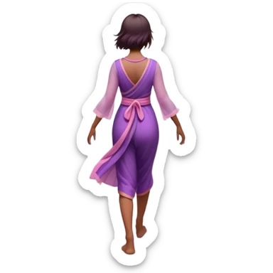 A small figure walks back across a foggy bridge, holding soft pink and purple orbs in each hand—symbolizing compassion and forgiveness. A gentle heart aura trails behind them, showing healing in motion. sticker