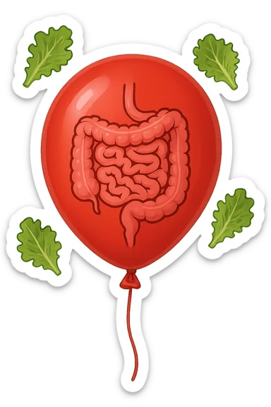 intestino chiuso in un palloncino rosso e foglie di insalata che fluttuano intorno sticker