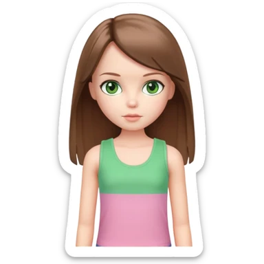 Blythe doll with brown straight hair and green eyes with pink tank top on sticker