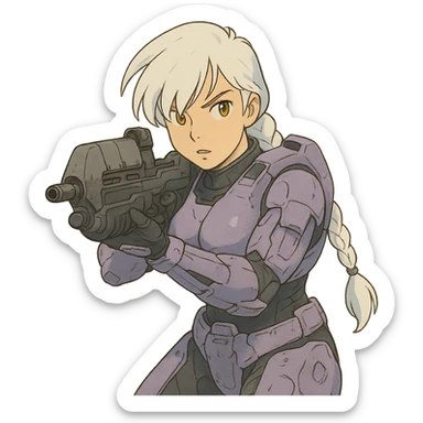 female, wearing reach spartan armor shoulder-unequip, long white braid hair with massive messy front side single bangs, gold yellow eyes, attention pose, HALO:series, no helmet, the armor is lavender color scheme, shoulder pad off. DDD bust size fitting. ,  aiming a classic HALO1 AR, tactical, lean sticker