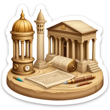 icon featuring ancient scrolls, quill pen with famous historical landmarks and monuments in the background like colliseum. Large, antique sand clocks with sand pouring out represent the passage of time. Historical figures are depicted as statues. Transparent background. sticker