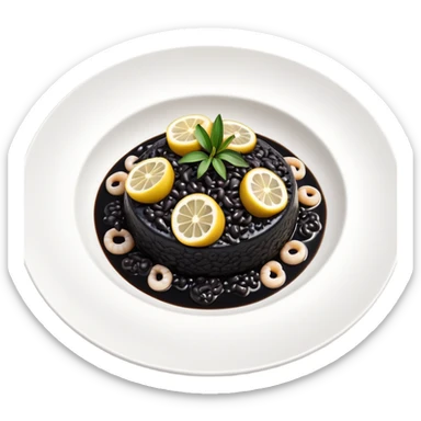 cinematic-realistic-black-risotto-dish-emoji,-showcasing-small squid pieces in black sauce -rendered-with-bold-textures-and-dynamic,-dramatic-lighting in a white plate with a grilled lemon on top sticker