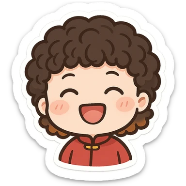 round-faced Chinese character, permed hair with orange-brown tips, cheerful look sticker
