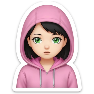 Cute chibi-style emote with exaggerated facial expressions, rounded proportions, and soft colors inspired by kawaii aesthetics.  Perplexed or uncertain look, raised eyebrow or tilted head, slightly funny and relatable. female with black hair and greeneyes wearing a pink hoodie sticker