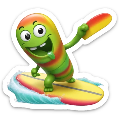 Gummy worm riding surf board sticker