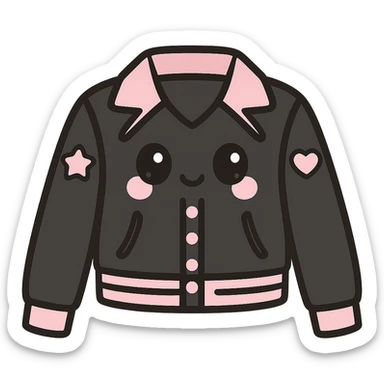 kawaii style magical gothic jacket inspired by BLACKPINK, smiling face, black and pink design, heart and star details, fun and fashionable sticker