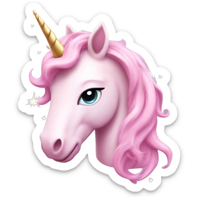 Unicorn Emoji "A pastel pink unicorn head with a flowing, shiny mane, glowing horn, and sparkling stars around its magical presence." sticker