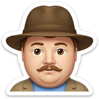 Fat white man with brown hair, short facial hair, and a hat  sticker