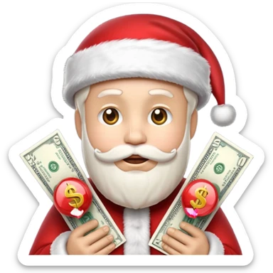 A confident rich emoji face wearing a Santa hat, money stacks, casino vibe, New Year theme, premium 3D emoji style, sharp details, no text, isolated on transparent background sticker