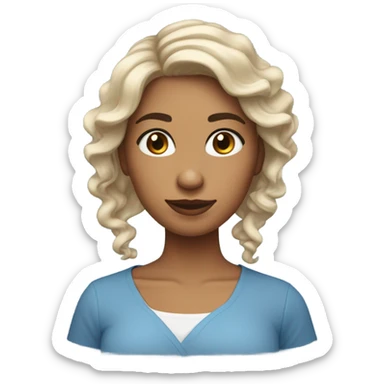 una chica de cabello rizado, de tes clara y ojos de color café, con una camisa azul sticker