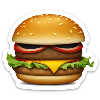 a burger with a mean evil face sticker