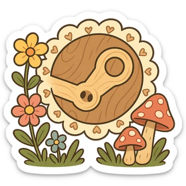 whimsical cartoon cottagecore Steam logo: iconic shape formed from bubbly wood, oversized lace, cartoon flowers and mushrooms, soft friendly look, no text sticker