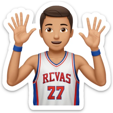 Maverick Trevillian in the crowd at an amateur basketball game. He leans towards the camera and enthusiastically shouts "six seven while performing a distinctive hand gesture: both hands open, palms facing upward, moving up and down as if weighing two options. sticker