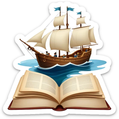 Icon for Reading Fiction: a large open book with pages turning, Musketeers on horseback, Sherlock Holmes and other literary elements, a sailboat sailing across the pages. The icon should evoke the adventurous spirit of storytelling. Transparent background. sticker
