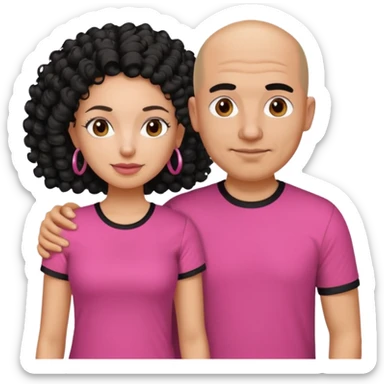 A picture if a couple, the man is a bald Mexican man with a black tee shirt on and the woman is mixed with black and white, with curly hair and a pink shirt on sticker