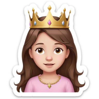 girl, long brown hair, brown eyes, baby pink shirt, gold crown, small birthmark left of nose, cheerful birthday expression sticker