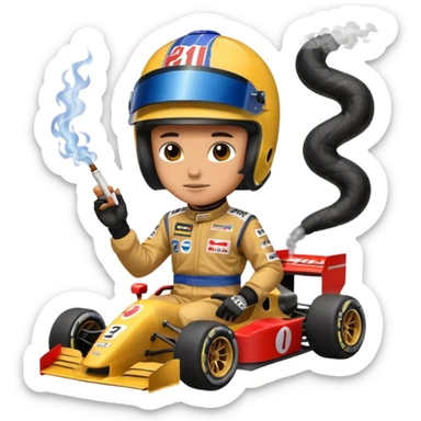 drifting car with tires smoke and a driver with a f1 helmet sticker