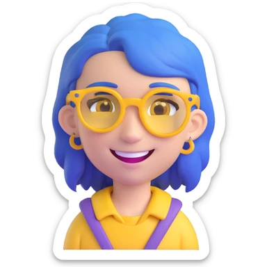 Create an individual memoji of a character with purple skin, blue hair, wearing yellow glasses, smiling, in a 3D cartoon style similar to the reference image. sticker