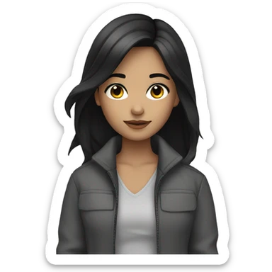 A girl whit black hair and black eyes whit a jacket color grey  sticker