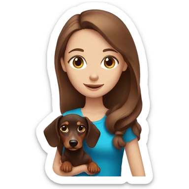 Girl with blue eyes and brown hair holding a dachshund sticker