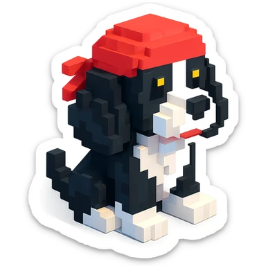A black and white Russian Cocker Spaniel puppy wearing a durag, voxel style, sitting sticker