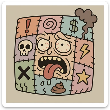 A chaotic patchwork quilt emoji with mismatched symbols and icons, evoking a deliberately absurd and brain-melting feel, grotesque and nonsensical sticker