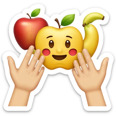 Una mano emoji amarilla al estilo de Apple iOS haciendo un gesto único: el dedo índice apuntando hacia arriba, los dedos medio y anular doblados hacia adentro, y el pulgar tocando el meñique sticker