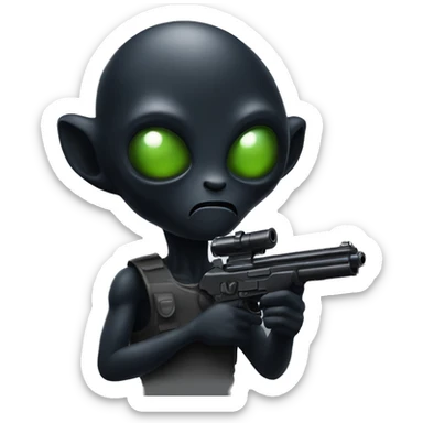 a dark hued alien holding a gun sticker