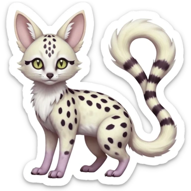 White Albino pastel whitish grey-spotted Serval-Civet-Genet-Trico-Furret-Linoone-Noibat-Espeon-Fakémon-Pokémon-animal-hybrid-fusion-creature (full body) with vibrant glowing eyes, cute, elegant, soft, realistic, pastel fur sticker