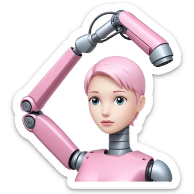 pink robotic arm carrying a person's head sticker