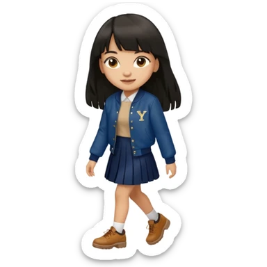 black color long hair with fringe, light skin long hair girl with brown varsity jacket and navy long skirt walking

 sticker
