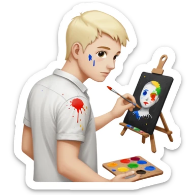 the white artist stands with his back to the painting, painting a portrait sticker