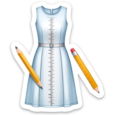 Icon for Fashion Design: a dress pattern with measurements, a ruler, and a pencil. The icon should represent the process of designing clothing with a focus on precision and tailoring. Transparent background. sticker