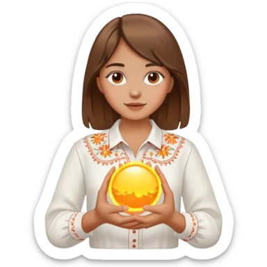 A young Ukrainian girl with brown hair wearing a white embroidered shirt holds the sun in her hands sticker