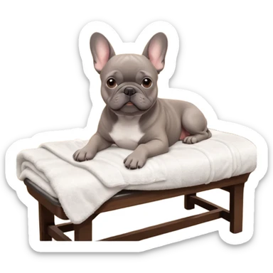 A gray French Bulldog lying relaxed on a professional massage table in a cozy spa room. Soft warm lighting, clean interior, gentle towels, peaceful atmosphere, detailed high-quality render, cute facial expression, realistic fur texture. sticker
