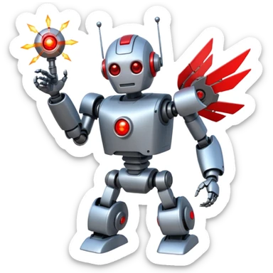 robot being hit with a red beam by a flying robot sticker