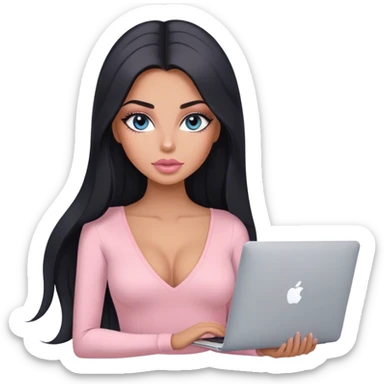 Glamours, tanned, very beautiful girl, with big pump peach-beige-rose lips, long lashes, black straight smooth silky long hair, straight parting hair, blue-grey eyes, in light-pink v-neck bodysuit holding MacBook sticker