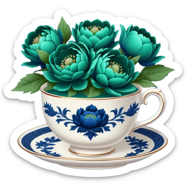 A charming composition of a vintage teacup with an intricate emerald green design, placed beside a bouquet of navy blue peonies. sticker
