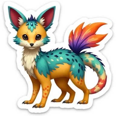 Beautiful pretty cool edgy elegant realistic Feral Rare Fantasy colorful vibrant Vernid-Trico-species-Fakemon-creature by LiLaiRa, random markings, tufted tail, tufted ears, full body sticker