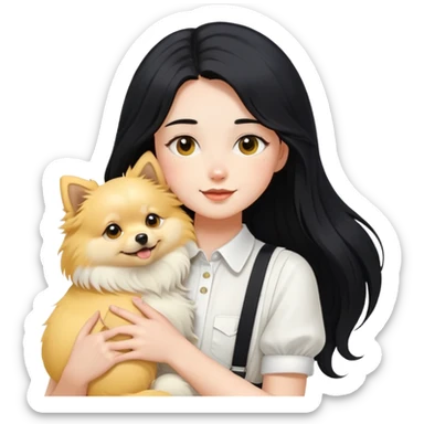 A girl with fair skin, long black hair, white suspenders, hugging a yellow long-haired Pomeranian sticker