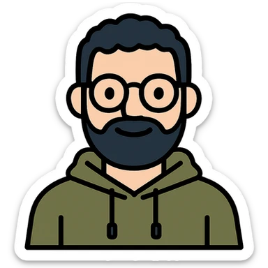 Make the icon look like the person in the reference photo: round glasses, short curly dark hair, full dark beard, olive hoodie, friendly expression in color outline icon style. Keep transparent background. sticker