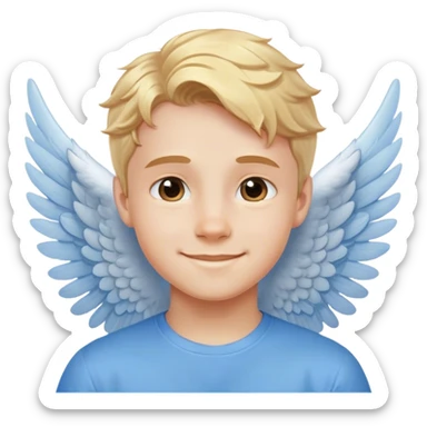 smiling boy in blue shirt with angel wings sticker