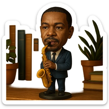 illustration of a jazz musician with a saxophone in bobblehead style sticker