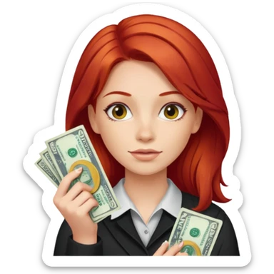 a girl with red hair holding two dollars sticker